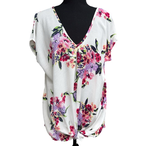 Ivory Floral Twist Front Short Sleeve Top M - Picture 2 of 14